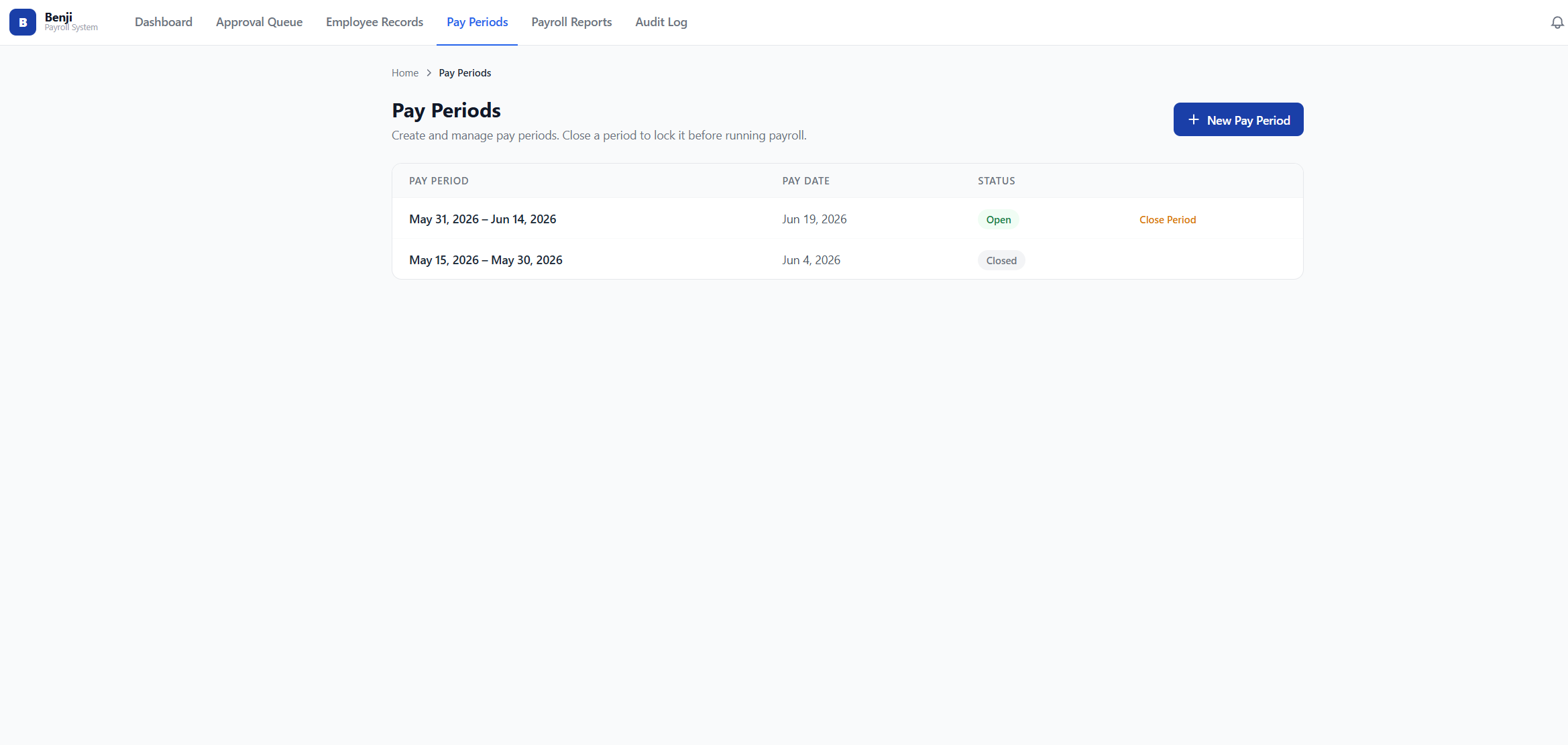 Benji pay periods list with open and closed status