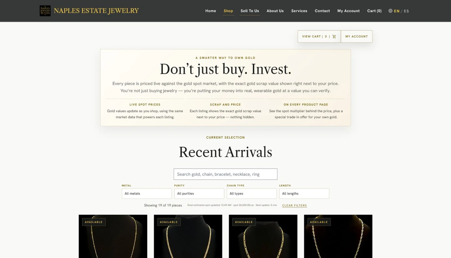 Live precious-metal pricing on product cards